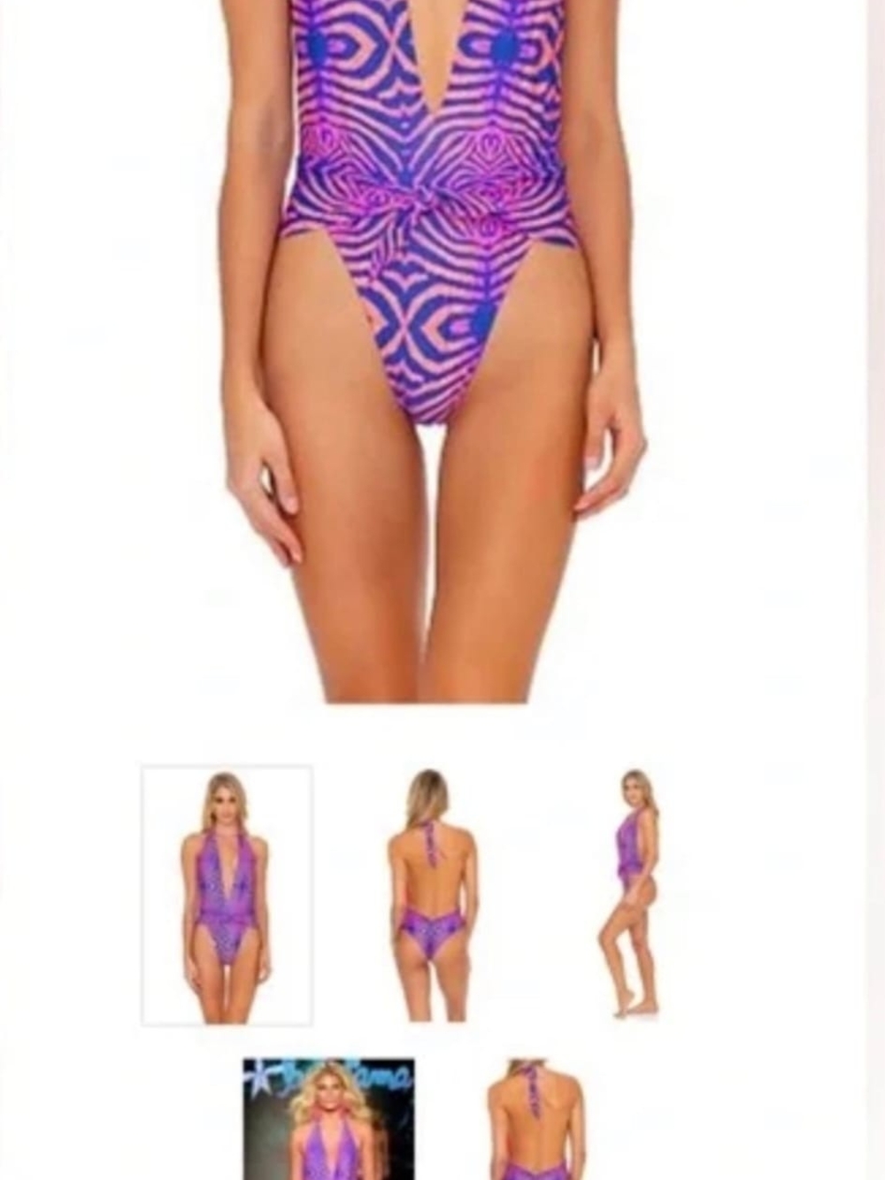Purple and Pink Patterned One-Piece Swimsuit with Halter Tie